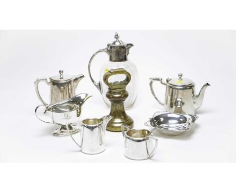 A selection of silver plated and other metalware, including: a Victorian cut glass claret jug, with silver plated mounts and 