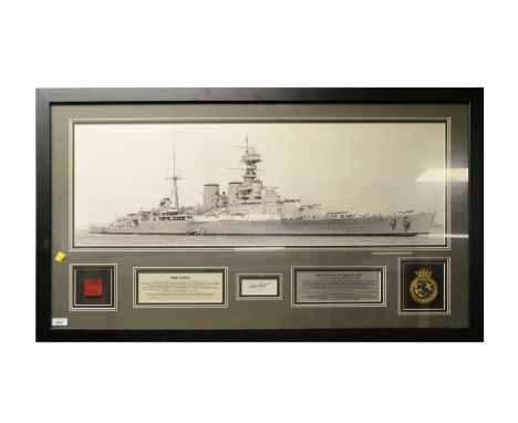 HMS Hood commemorative wall display, featuring a monochrome print, badge, autograph of survivor Ted Briggs and other memorabi