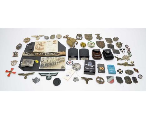 A selection of WWII military interest collectibles, including: a WWII era picture postcard, illustrating German soldiers; a ‘