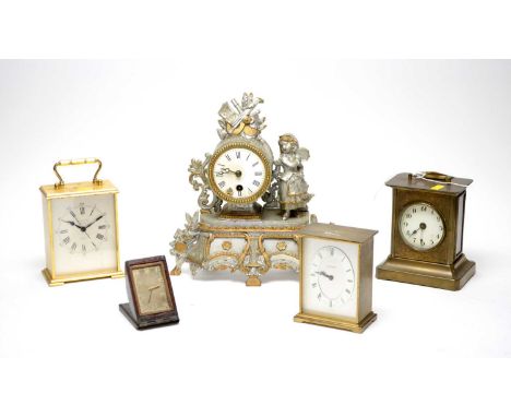 Two Garrard &amp; Co gilt metal carriage clocks, the tallest 19cms high (including handle); a French figural mantel clock; a 