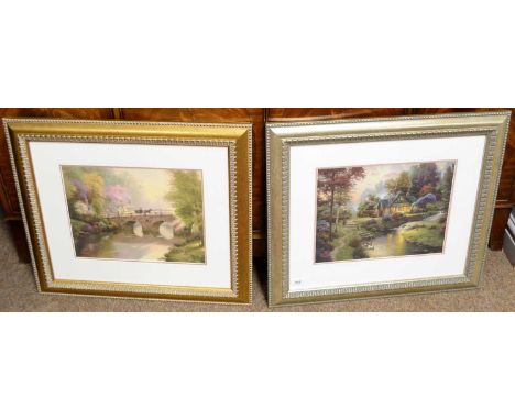 Thomas Kinkade - Hometown Bridge, colour print, mounted, in gilt frame, 54 x 61cms wide; together with Duck Cottage, by Thoma