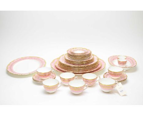 A Coalport ‘Hazelton’ pattern part dinner service, with pink and gilt borders, including: six dinner plates, four fish plates