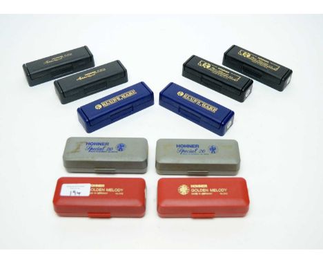 Two Hohner Golden Melody harmonicas; two Hohner Special 20 harmonicas; two Hohner Blues Harp harmonicas; two Hohner Meisterkl