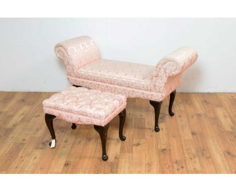 Jade Holdings: A decorative window stool upholstered in pink damask fabric, 128 x 44 x 71cm high, together with a matching st