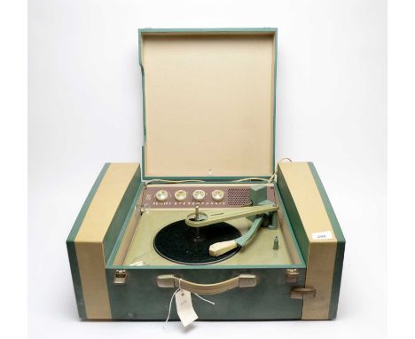 A vintage Philips Stereophonic record player, in shades of green and cream, 57.5cms wide.