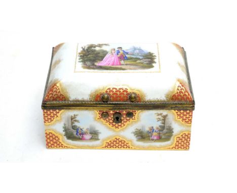 A French porcelain rectangular jewellery box and cover, 19th century, decorated with lovers in garden and landscape vignettes