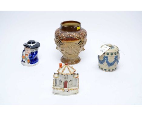 A Doulton Lambeth tobacco jar and cover, impressed marks to underside, no.1881, 13cms high; together with a salt glazed tobac