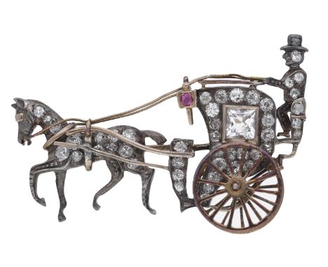 A gem-set hansom cab brooch, circa 1890, the horse, cab and driver set throughout with old brilliant-cut diamonds, the lanter