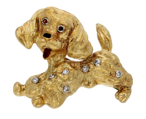 An 18ct gold dog brooch, circa 1968, the stylised dog with single-cut diamond spots, enamel nose and tongue and garnet eyes, 
