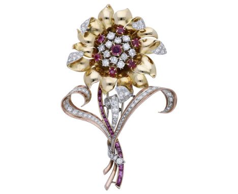 A ruby and diamond set flower brooch, circa 1940/50, the large flowerhead centred with a pierced cluster of brilliant-cut dia