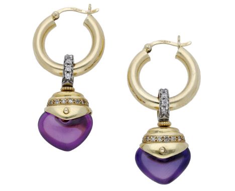 A pair of 18ct gold convertible amethyst earrings, comprising a heart-shaped amethyst cabochon drop beneath single-cut diamon