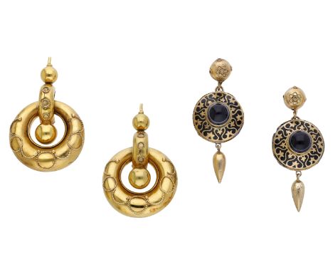 Two pairs of 19th century gold earrings, the first pair designed as interlocking hoops with bead and wirework decoration, the