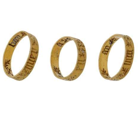 A late Medieval gold posy ring, circa 1400-1500, of broad flattened cross section, engraved with black letter inscriptions to