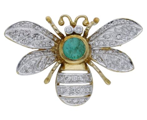 An emerald cabochon and diamond bee brooch, realistically modelled, the body and wings pavé-set with brilliant-cut diamonds, 