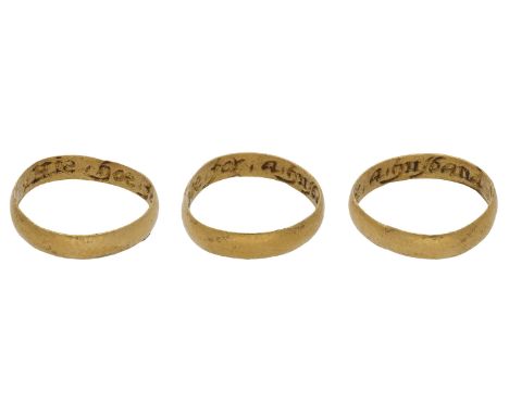 A 17th century gold posy ring, the plain gold band inscribed to the interior ‘x Hie-hoe-for-a-husband x’ in italic script, ri