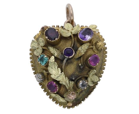 A gem-set acrostic pendant, circa 1830, the domed heart-shaped pendant supporting a foliate motif set with six vari-cut gemst