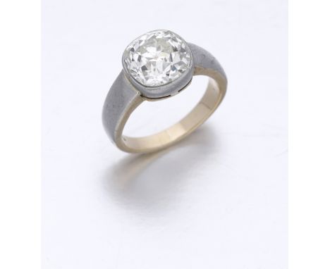 A solitaire diamond ring, the old cushion-cut diamond weighing 3.79 carats, within two colour precious metal collet mount, th