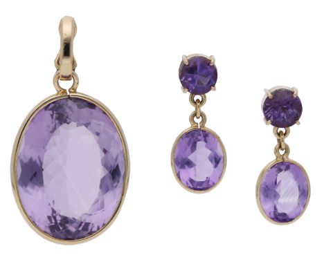 An amethyst pendant and earring suite, the oval-cut amethyst collet set and suspended by a detachable bale, the earrings simi