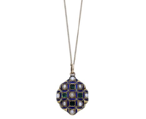 A late 19th century enamel and gem-set pendant, the cartouche-shaped pendant decorated with a geometric pattern of overlappin