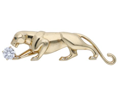 A ‘Panthère’ brooch by Cartier, circa 1986, the polished gold panther playing with a brilliant-cut diamond ball, with brillia