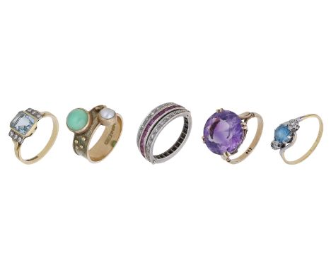 A collection of gem-set rings, comprising an aquamarine and diamond ring, a sapphire, ruby and diamond swivel eternity band, 