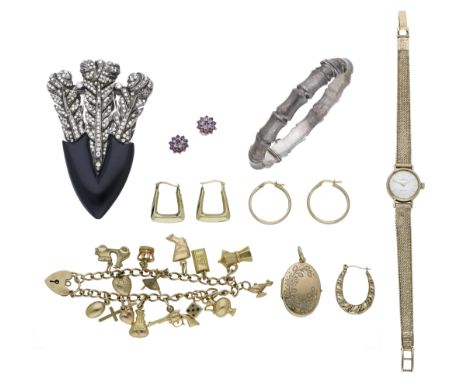 A collection of jewellery, comprising a French Art Deco large paste-set clip brooch, signed ‘RENEL PARIS’, a charm bracelet, 