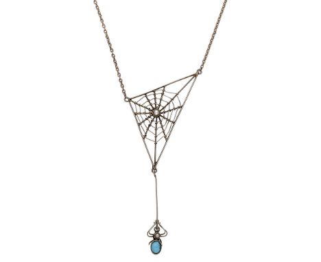 A 9ct gold spider web pendant by Murrle Bennett & Co., circa 1910, realistically modelled, the turquoise and seed pearl set s
