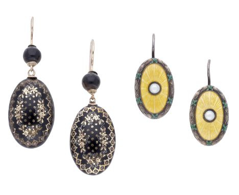 A pair of tortoiseshell piquéwork ear pendants and a pair of Norwegian silver and enamel ear pendants by Marius Hammer, the t