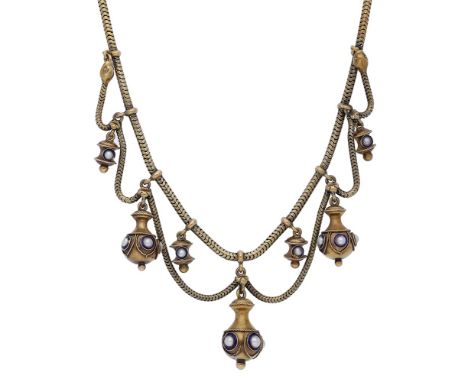 A mid 19th century fringe necklace, the serpent-link necklace suspending lantern-shaped drops set with half-pearls in blue en