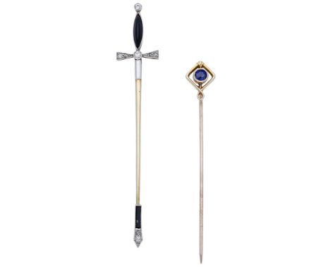 An Art Deco jabot pin and a sapphire stick pin, early 20th century, the jabot pin modelled as a sword with black enamel, onyx