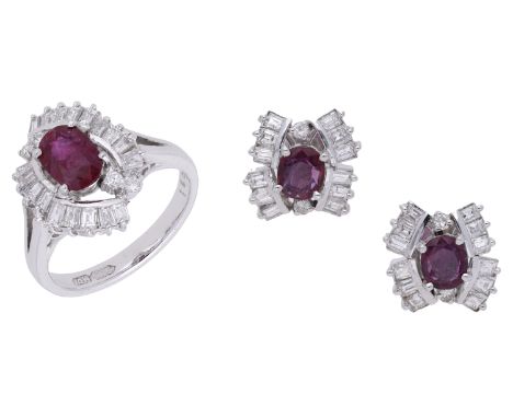 A ruby and diamond ring and earring suite, the ring claw-set with an oval mixed-cut ruby within a surround of tapered baguett