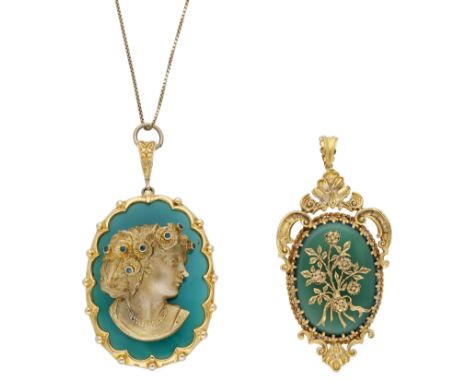 Two 9ct gold mounted chalcedony pendants, each oval green chalcedony pendant with applied 9ct gold decoration, the first depi