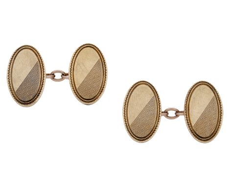 A pair of 9ct gold cufflinks, double-sided, the oval plaques with engine turned decoration and chain connectors between, Birm