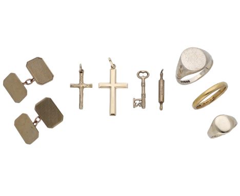 A small collection of gold jewellery, including a pair of 9ct gold panel cufflinks with engine-turned decoration and chain co