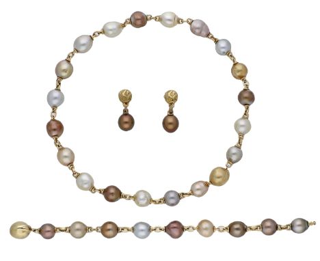 A ‘Golden Brown Collection’ cultured pearl suite by Yvel, the necklace composed of a combination of yellow, golden, grey, and
