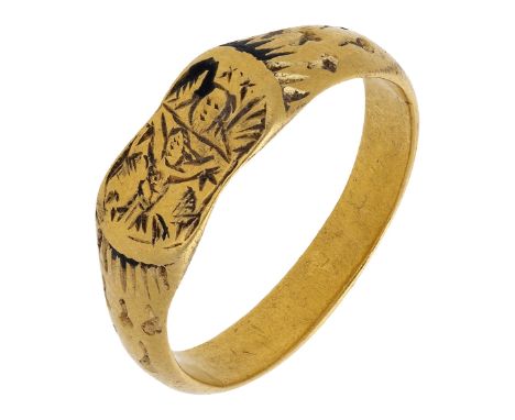 The Wars of the Roses Hoard: A late Medieval gold iconographic ring depicting The Holy Trinity, circa 1470-1480, the flat sub