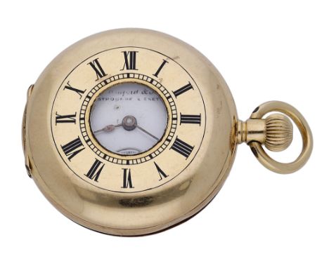 Labrador. Retailed by Bruford & Sons, Eastbourne & Exeter. A gold half-hunting cased keyless watch, circa 1900. Movement: lev