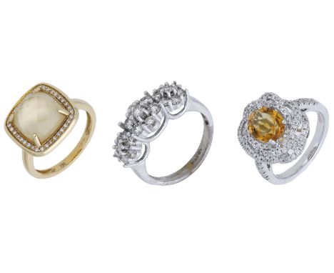 Three gem-set rings, comprising an 18ct gold rose-cut quartz and diamond dress ring with mother-of-pearl backing, London hall