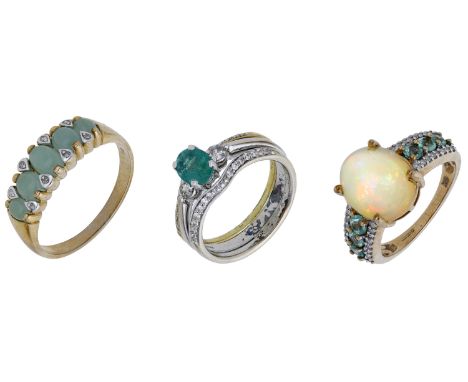 Three gem-set rings, comprising a green hardstone and diamond ring, an 18ct gold bicolour emerald and diamond multi-band ring