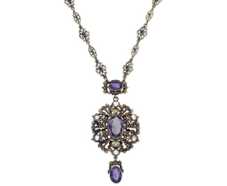 A 19th century Austro-Hungarian amethyst and pearl necklace, the pendant centred with an oval mixed-cut amethyst within a pie