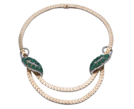 An 18ct gold emerald and diamond set necklace, the polished brick-link collar with double row to the front, each side applied