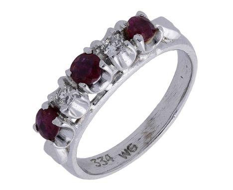 A ruby and diamond five stone ring, claw-set with circular-cut rubies and brilliant-cut diamonds, white precious metal mounte