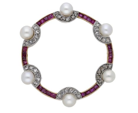 An early 20th century ruby, cultured pearl, and diamond hoop brooch, set with a series of calibré-cut rubies spaced by cultur