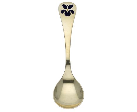 A Danish silver gilt and enamel Annual spoon by Georg Jensen, 1977, the terminal with ‘Sweet Violet’ enamel decoration, the r