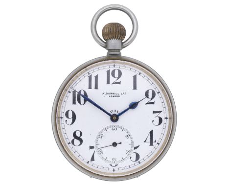Swiss. Retailed by A. Dunhill Ltd, London. A nickel open-faced keyless Goliath watch with 8 days movement, circa 1900. Moveme