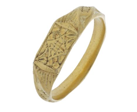 The Rokeswelle Pilgrim’s Ring: A late 15th century gold iconographic style ring, the band of D-shaped cross section, the twis