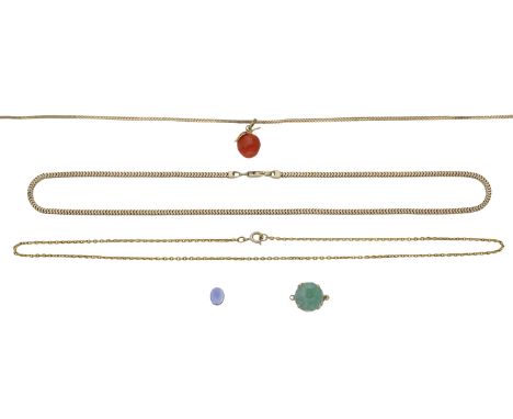 A small collection of jewellery, comprising a facetted belcher-link chain, stamped ‘9k’, a carved Corallium Rubrum apple pend
