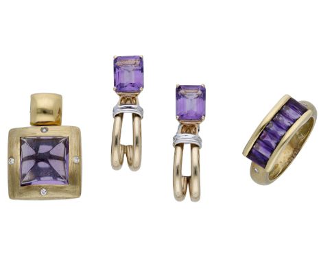 An amethyst and diamond pendant and ring, the sugarloaf amethyst bezel-set to a satin polished pendant mount with cardinal br