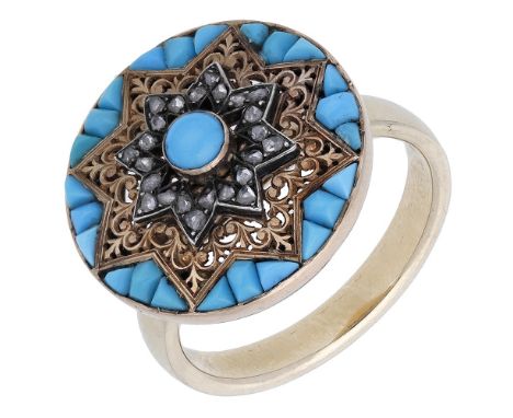 A turquoise and diamond panel ring, the circular panel centred with a turquoise cabochon within an open star shaped diamond c