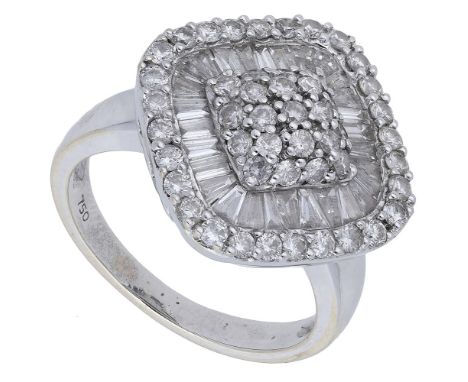 A diamond panel ring, the square-shaped panel set throughout with a combination of brilliant and baguette-cut diamonds, stamp